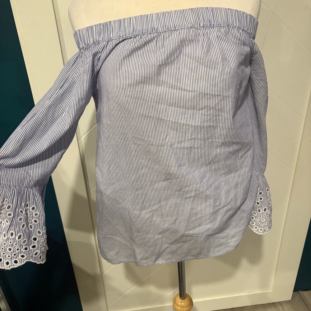 BeachLunchLounge Off-Shoulder Blue & White Stripe Eyelet Blouse | Boho Coastal